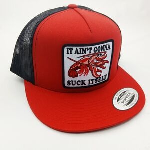 Crawfish Funny Embroidered Patch Flat Bill Trucker Mesh Snapback Cap Hat